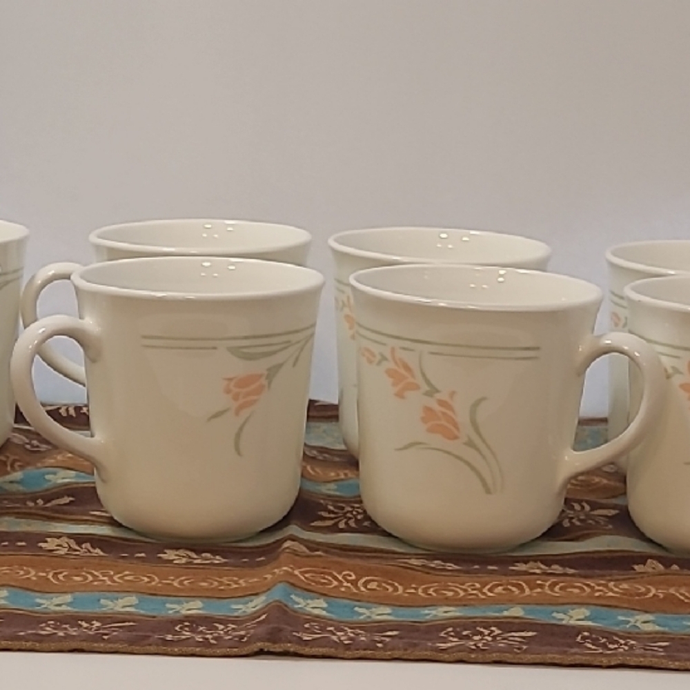 Corningware Cream and Orange Floral Mugs - Set of 8